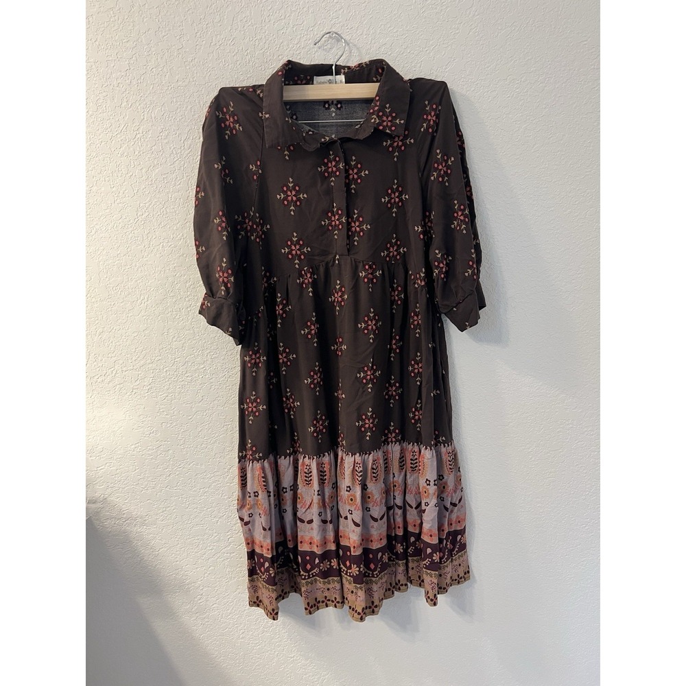 Natural Life Babydoll Dress Womens Medium Brown Floral Boho  Short Sleeve